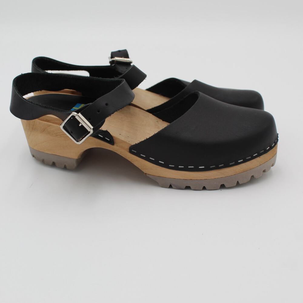 Swedish Style Clogs Wood Sole 39 Womens Size 8 Black Leather Mary Jane Boho